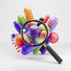 Fototapete - A magnifying glass focuses on a cluster of vibrant, abstract 3D shapes, creating a visually engaging composition.
