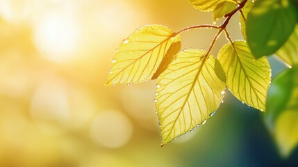 Wall Mural - Fresh spring rain droplets on a delicate leaf in close-up, blurred background with space for text