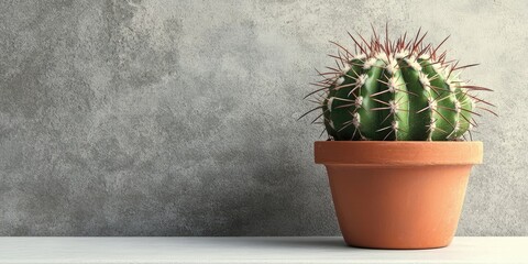 Wall Mural - Cactus with sharp thorns in terracotta pot on gray backdrop against white table showcasing minimalism and indoor plant aesthetic in natural light