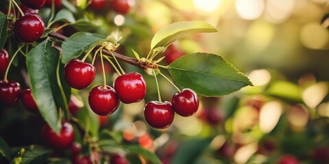 Wall Mural - Lush cherry tree branch with ripe red cherries against blurred green leaves and warm sunlight creating a vibrant natural garden scene