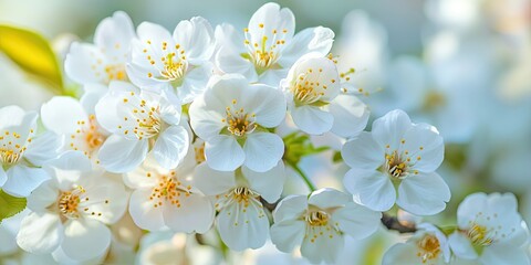 Wall Mural - Delicate close-up of blooming white cherry blossoms with golden stamens against a soft green backdrop creating an inviting natural setting.