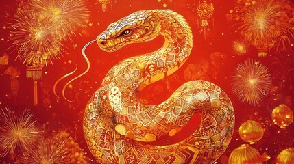 Wall Mural - A vibrant Chinese New Year 2025 greeting card design featuring the snake zodiac sign in gold, coiled elegantly with intricate traditional patterns,