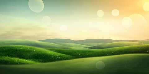 Sticker - Dreamy Green Hills: Serene landscape of rolling green hills bathed in the soft light of sunrise or sunset, featuring a dreamy, ethereal quality with bokeh effects.