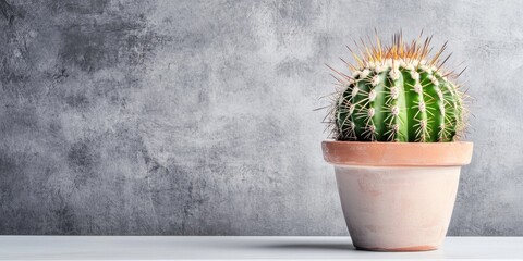 Canvas Print - Cactus with sharp thorns in a terracotta pot on a gray backdrop with minimalistic white table highlighting indoor plant decor and maintenance