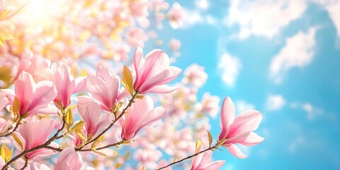 Wall Mural - Blooming pink magnolia branches against a clear blue sky with fluffy white clouds warm sunlight filtering creating a perfect spring background