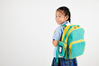 © sorapop - Portrait Back Asian smiling young girl kids kindergarten holding a green and yellow backpack studio shot isolated white background, happy cute little schoolgirl wears school uniform, back to school