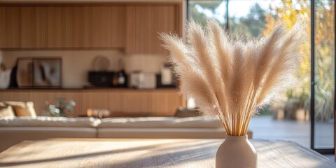 Canvas Print - Pampas grass in a white vase on a wooden table with soft natural light and blurred kitchen background showcasing modern decor elements