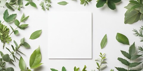 Wall Mural - Botanical decor flat lay featuring a blank square wish card surrounded by lush green leaves on a light background with ample copy space