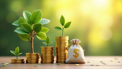 Green growth, financial prosperity, stacks of golden coins, miniature trees, money bags, ascending chart, eco-friendly investment, wealth accumulation, sustainable finance, bokeh background.