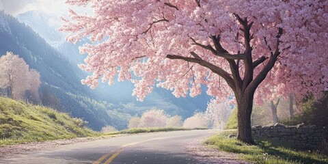 Wall Mural - Scenic roadside view featuring a large cherry blossom tree with pink flowers on the left, peaceful road leading into a misty mountainous background.