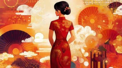 A woman in a red cheongsam stands against a background of festive Chinese symbols.