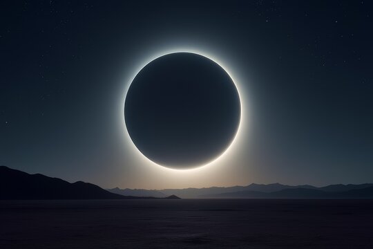 Rare total solar eclipse on sunny day in vast desert landscape.