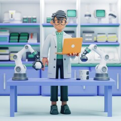 Poster - A 3D-rendered scientist uses robotic arms in a futuristic lab setting.