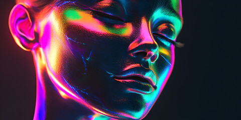 Poster - Chromatic Tranquility: A close-up, abstract portrait of a female face, bathed in mesmerizing, iridescent hues. The ethereal glow creates a sense of otherworldliness.