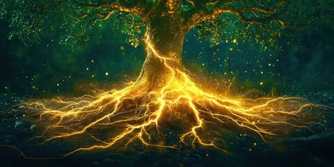 Wall Mural - Tree with roots that are glowing yellow