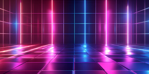 Sticker - Neon Grid:  A mesmerizing 3D render of a futuristic cyberpunk space with vibrant pink and blue neon lights illuminating a tiled, reflective floor.