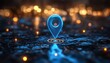 © Itsaree  - Futuristic blue 3D pin icon on a map, GPS navigation pointer, road map marker symbol, route direction sign, and global positioning system target search