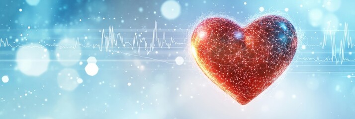 Poster - Glowing red heart with dynamic cardiogram on a soft blue background illustrating love and health. Generative AI