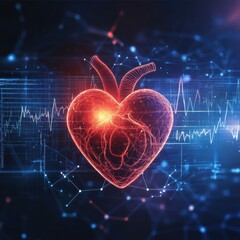 Aufkleber - Glowing red heart with dynamic cardiogram illustrating heartbeat activity in a modern digital environment. Generative AI