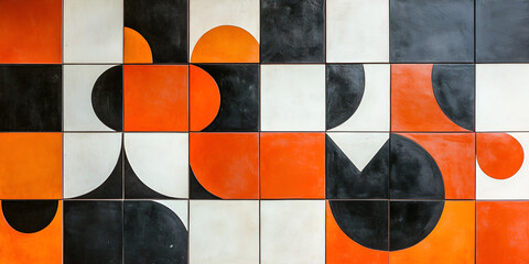 Wall Mural - Geometric Tile Mosaic: A vibrant and modern mosaic of geometric tiles in black, white, and burnt orange creates a visually striking pattern.  The interplay of circles.