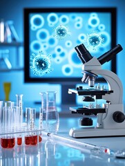 Aufkleber - Laboratory setup with microscopes and test tubes exploring bacteria visuals in a modern research facility. Generative AI