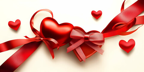 Sticker - Romantic Red Hearts with Ribbon: Two glossy red hearts, one a decorative heart and one a heart-shaped gift box, are elegantly tied together with a flowing red ribbon.