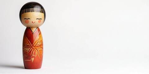 Traditional Japanese wooden kokeshi doll with a smiling face and orange floral kimono positioned right against a clean white background.