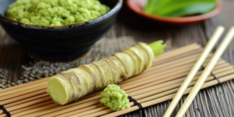 Fresh wasabi root on bamboo mat with chopsticks green wasabi paste in black bowl blurred background natural textures earthy colors