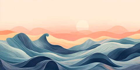 Poster - Waves of Serenity: A captivating abstract illustration depicts a mesmerizing seascape, featuring vibrant blue waves cresting against a backdrop of soft pastel mountains and a warm, glowing sun.