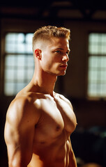 Wall Mural - a muscular man with short, light-colored hair, standing in a well-lit room with large windows in the background.