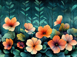 Wall Mural -  a vibrant floral scene with large, orange and white flowers surrounded by green leaves and tall, thin plants with elongated leaves. The background is dark, emphasizing the bright colors of the flower