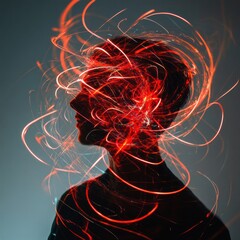 Fototapete - Person immersed in swirling lines and abstract shapes expressing creative energy. Generative AI