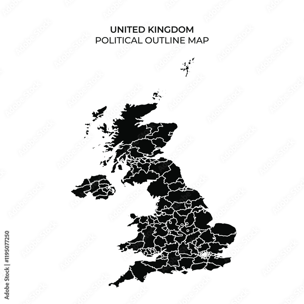 Political outline map of the United Kingdom with counties labeled Stock