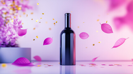 Canvas Print - A dark bottle stands amidst falling purple petals and gold confetti, creating a celebratory mood.