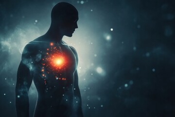 Aufkleber - Glowing human torso with vibrant red focal point in stomach area radiating intense energy and mystery in dark environment. Generative AI
