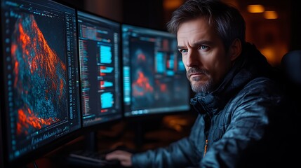 Focused man working late on multiple computer screens, analyzing data.