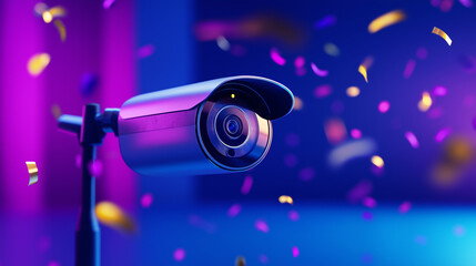 Wall Mural - Surveillance camera in vibrant purple and blue setting with confetti.