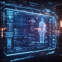 Fototapete - Diagnostic medical screen displaying real time health data in a modern healthcare facility during a night shift. Generative AI
