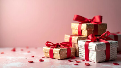 Set of gift boxes with red ribbons and rose petals on a pink background with space for text.