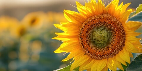 Wall Mural - Vibrant sunflower head in focus with bright yellow petals and rich green center, softly blurred field backdrop in warm sunlight.