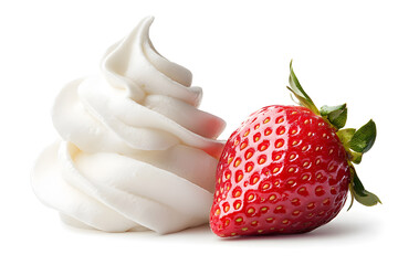 Wall Mural - A fresh juicy strawberry with whipped cream isolated on white