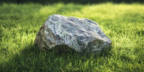 Sticker - Closeup view of a textured large stone resting on vibrant green grass with sunlight highlighting the surface creating a natural outdoor aesthetic