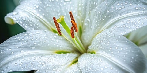 Wall Mural - Macro shot of a white lily flower center with bright yellow and orange anthers surrounded by raindrops on soft white petals in natural light