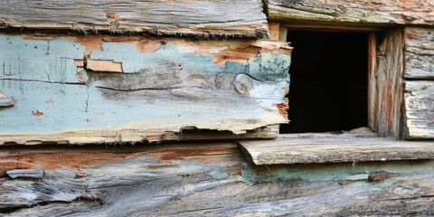 Wall Mural - Detailed close-up of weathered wooden structures showcasing peeling paint in turquoise and brown tones, highlighting rustic charm and decay around a dark window.