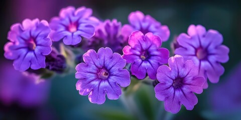 Wall Mural - Vibrant closeup of purple verbena blooms featuring soft petals and deep purple hues with a blurred green background for a dreamy effect