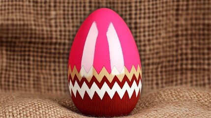 Wall Mural - Elegant Handcrafted wooden Easter egg with engraved folk art patterns displayed on soft burlap rare Easter traditional craft 