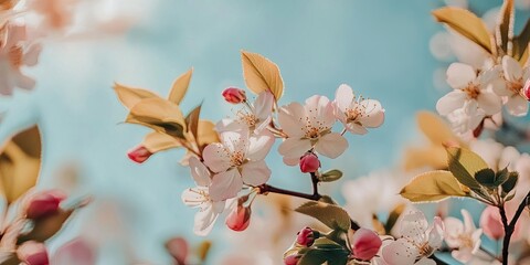 Wall Mural - Closeup of soft pink and white cherry blossoms with green leaves against a bright blue sky creating a serene springtime atmosphere