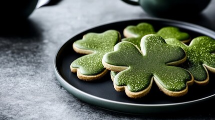 Wall Mural - Elegant Sparkling clover shaped cookies dusted with edible gold glitter served on a dark green plate rare St Patricks Day dessert idea 