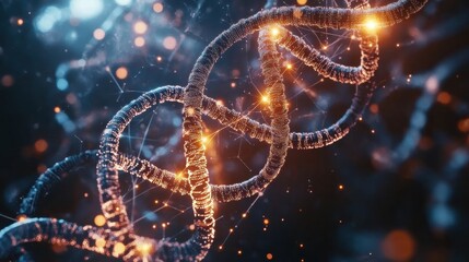 Fototapete - Glowing double helix of DNA illuminated by molecular connections in a vibrant scientific landscape. Generative AI