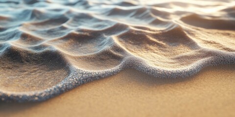 Sticker - Closeup of golden sand with gentle blue waves at sunrise reflecting soft light creating a tranquil coastal atmosphere and serene texture